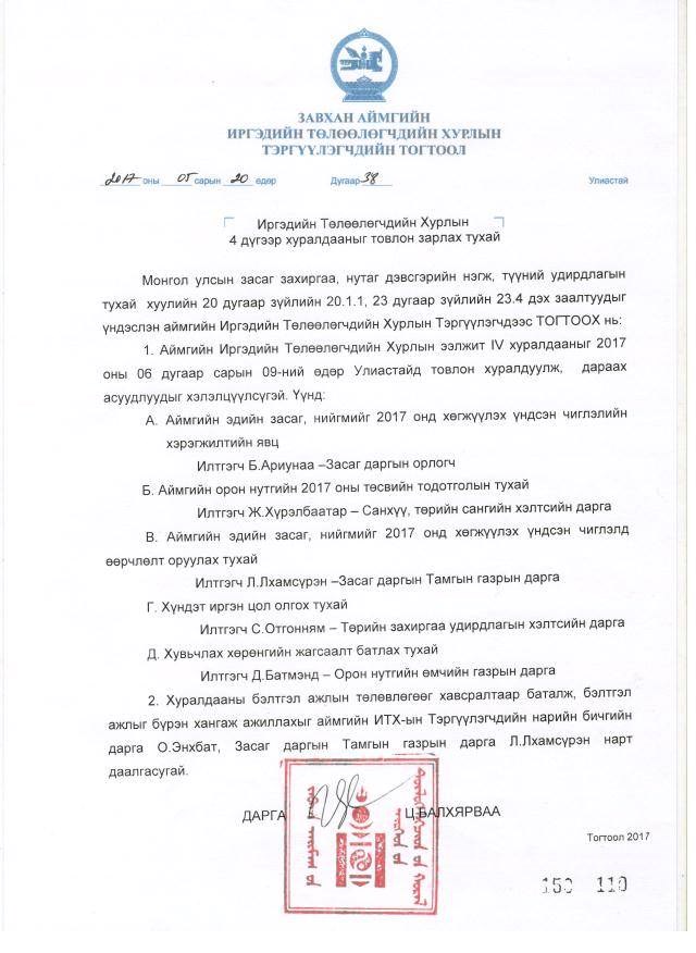 ИРГЭДИЙН ТӨЛӨӨЛӨГЧДИЙН ХУРЛЫН 4 ДҮГЭЭР ХУРАЛДААНЫГ ТОВЛОН ЗАРЛАХ ТУХАЙ